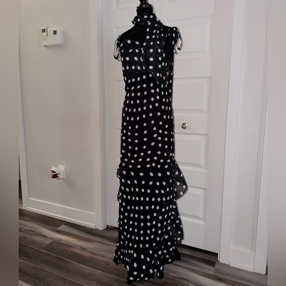 Black Polka Dot Chiffon Midi Dress – Elegant & Flowy